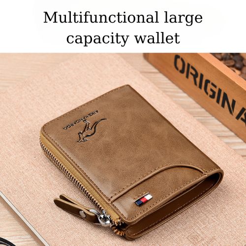 Men's RFID Blocking Wallet - Anti-Theft Leather Bifold with Zipper Closure & Multiple Card Slots