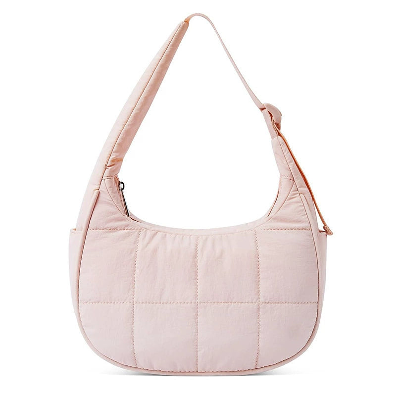 Quilted Puffer Crescent Shoulder Bag - Waterproof Nylon Hobo Bag with Adjustable Strap & Side Pocket