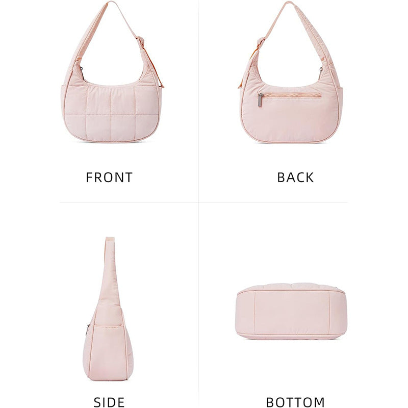 Quilted Puffer Crescent Shoulder Bag - Waterproof Nylon Hobo Bag with Adjustable Strap & Side Pocket