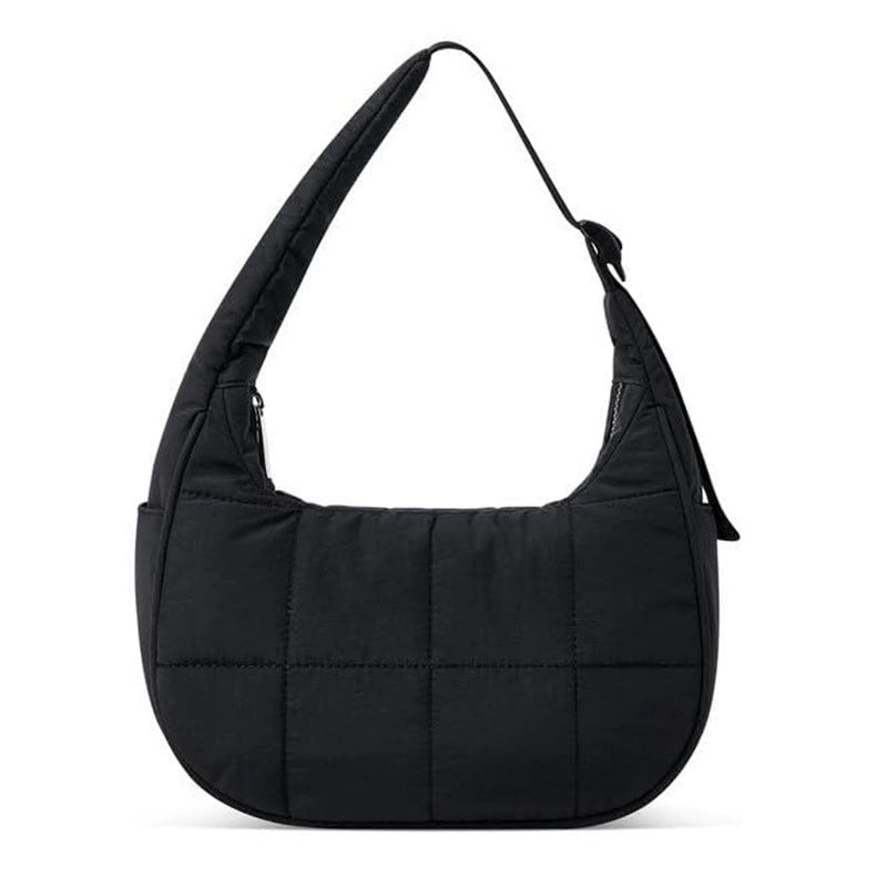 Quilted Puffer Crescent Shoulder Bag - Waterproof Nylon Hobo Bag with Adjustable Strap & Side Pocket