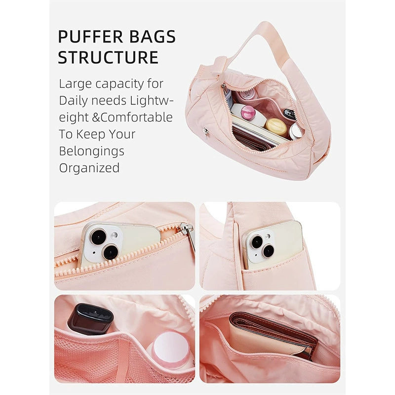Quilted Puffer Crescent Shoulder Bag - Waterproof Nylon Hobo Bag with Adjustable Strap & Side Pocket