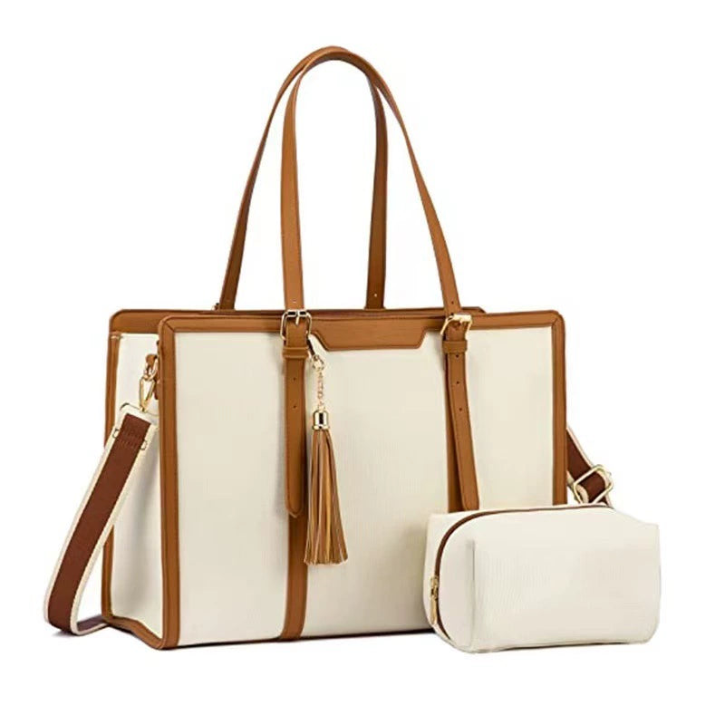Cream & Tan Leather Trim Laptop Tote — Women's Shoulder Bag with Clutch