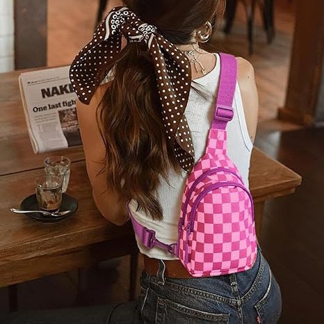 Checkered Sling Bag - Aesthetic Crossbody Chest Pack Water-Resistant Nylon Travel Bag