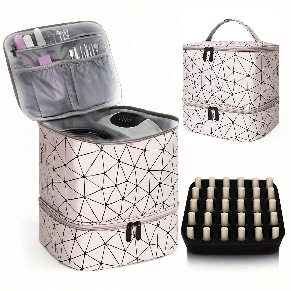 Double Layer Nail Polish Organizer Case - 30 Bottle Storage Box with Geometric Pattern & Nail Lamp Compartment