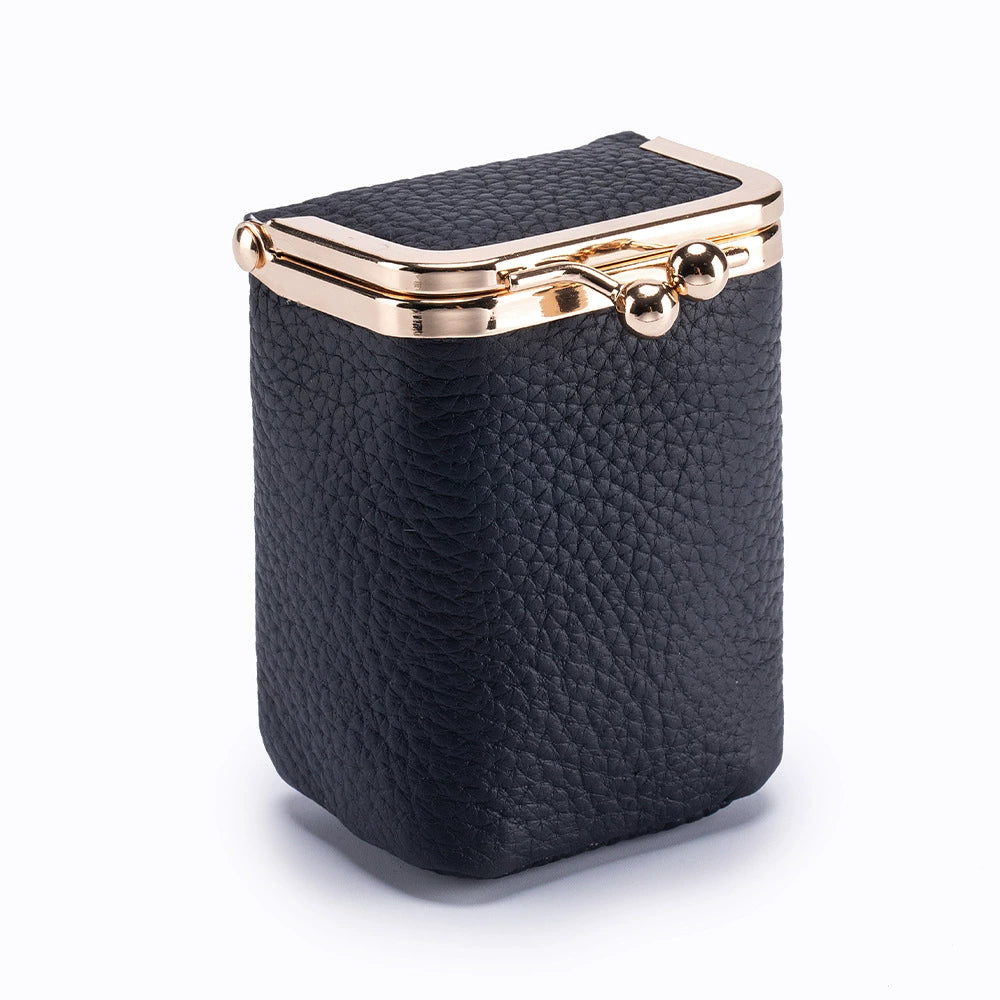 Premium Leather Lipstick Case - Lychee Pattern Cosmetic Storage Bag with Gold Frame Closure