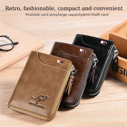 Men's RFID Blocking Wallet - Anti-Theft Leather Bifold with Zipper Closure & Multiple Card Slots