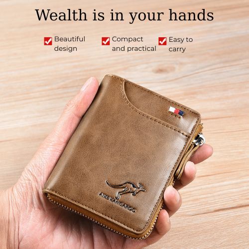 Men's RFID Blocking Wallet - Anti-Theft Leather Bifold with Zipper Closure & Multiple Card Slots