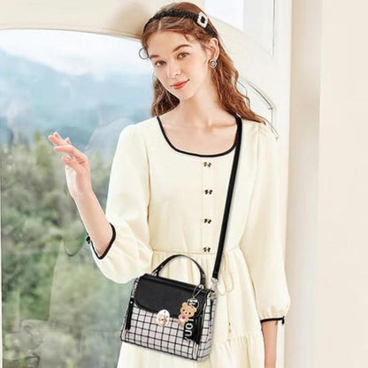 Plaid Small Crossbody Bag - Cute Bear Charm Fashion Handbag with Adjustable Strap for Daily Use