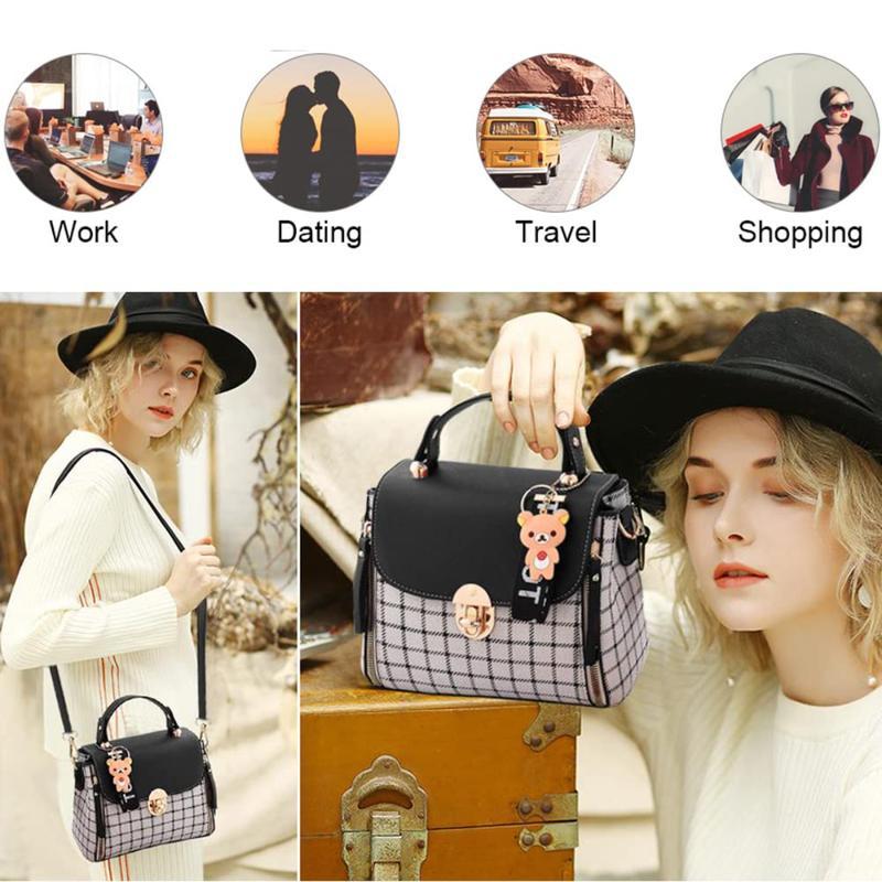 Plaid Small Crossbody Bag - Cute Bear Charm Fashion Handbag with Adjustable Strap for Daily Use