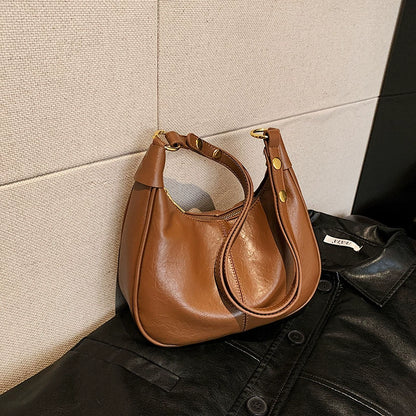 Leather Hobo Shoulder Bag - Women's Versatile Underarm Dumpling Bag with Gold Hardware & Zipper Closure