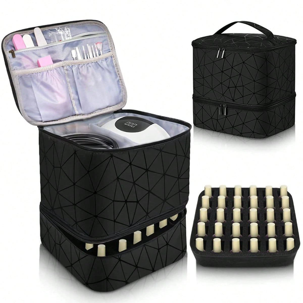 Double Layer Nail Polish Organizer Case - 30 Bottle Storage Box with Geometric Pattern & Nail Lamp Compartment
