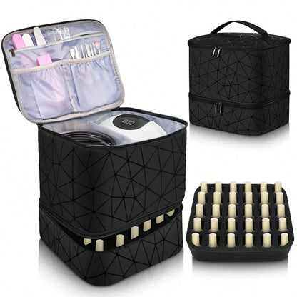 Double Layer Nail Polish Organizer Case - 30 Bottle Storage Box with Geometric Pattern & Nail Lamp Compartment