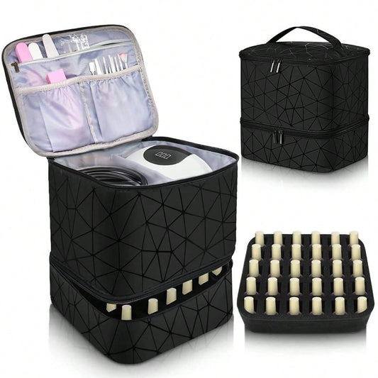 Double Layer Nail Polish Organizer Case - 30 Bottle Storage Box with Geometric Pattern & Nail Lamp Compartment