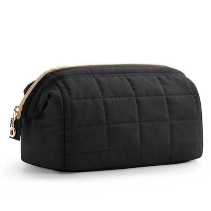 Quilted Makeup Bag - Puffy Padded Travel Cosmetic Organizer with Gold Zipper & Wide-Open Design