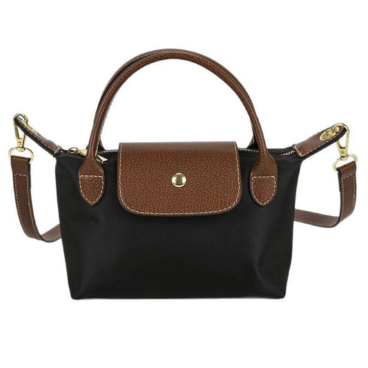 Nylon Crossbody Bag with Brown Leather Trim - Compact Foldable Handbag with Adjustable Strap