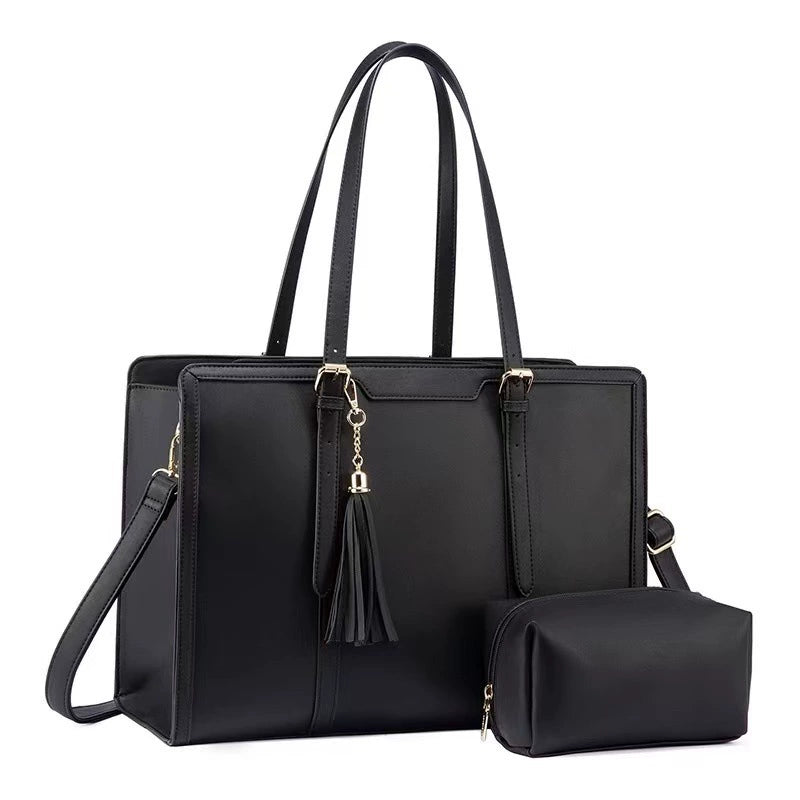Cream & Tan Leather Trim Laptop Tote — Women's Shoulder Bag with Clutch