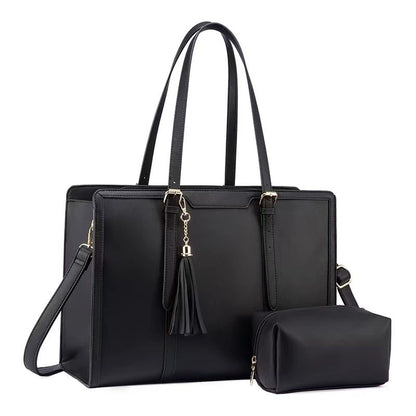 Cream & Tan Leather Trim Laptop Tote — Women's Shoulder Bag with Clutch