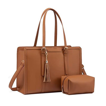 Cream & Tan Leather Trim Laptop Tote — Women's Shoulder Bag with Clutch