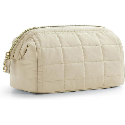 Quilted Makeup Bag - Puffy Padded Travel Cosmetic Organizer with Gold Zipper & Wide-Open Design
