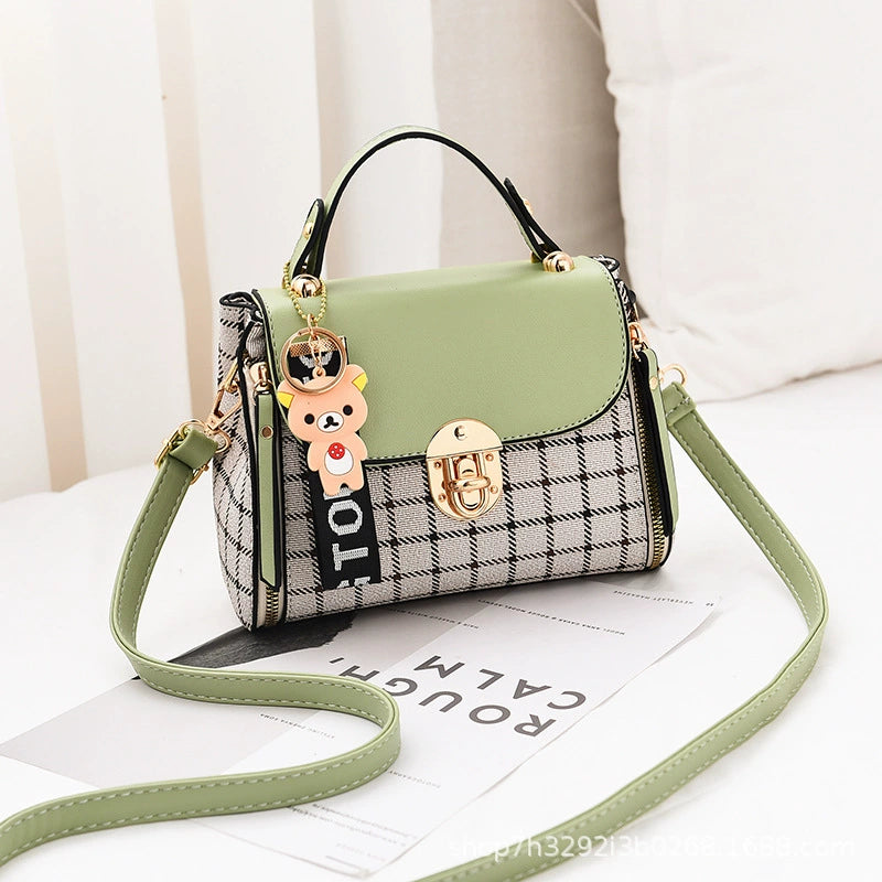 Plaid Small Crossbody Bag - Cute Bear Charm Fashion Handbag with Adjustable Strap for Daily Use