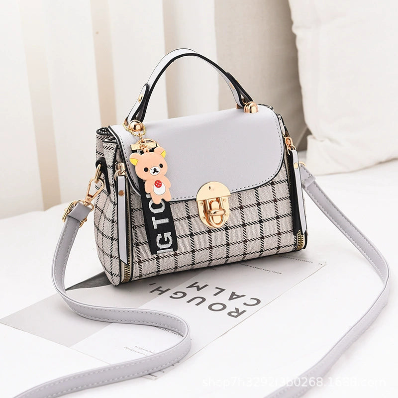 Plaid Small Crossbody Bag - Cute Bear Charm Fashion Handbag with Adjustable Strap for Daily Use