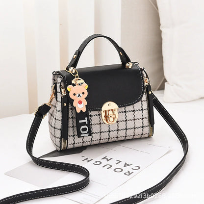 Plaid Small Crossbody Bag - Cute Bear Charm Fashion Handbag with Adjustable Strap for Daily Use