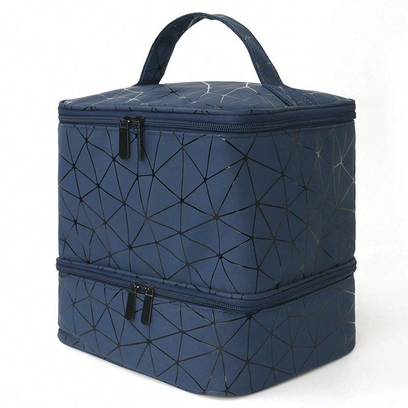 Double Layer Nail Polish Organizer Case - 30 Bottle Storage Box with Geometric Pattern & Nail Lamp Compartment