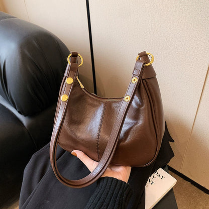 Leather Hobo Shoulder Bag - Women's Versatile Underarm Dumpling Bag with Gold Hardware & Zipper Closure