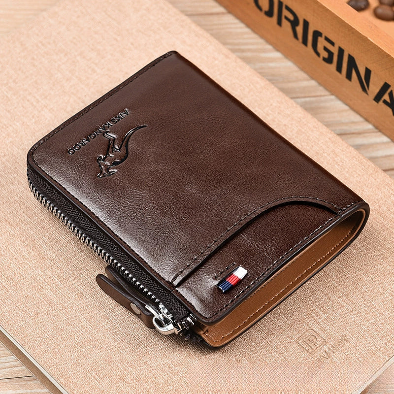 Men's RFID Blocking Wallet - Anti-Theft Leather Bifold with Zipper Closure & Multiple Card Slots