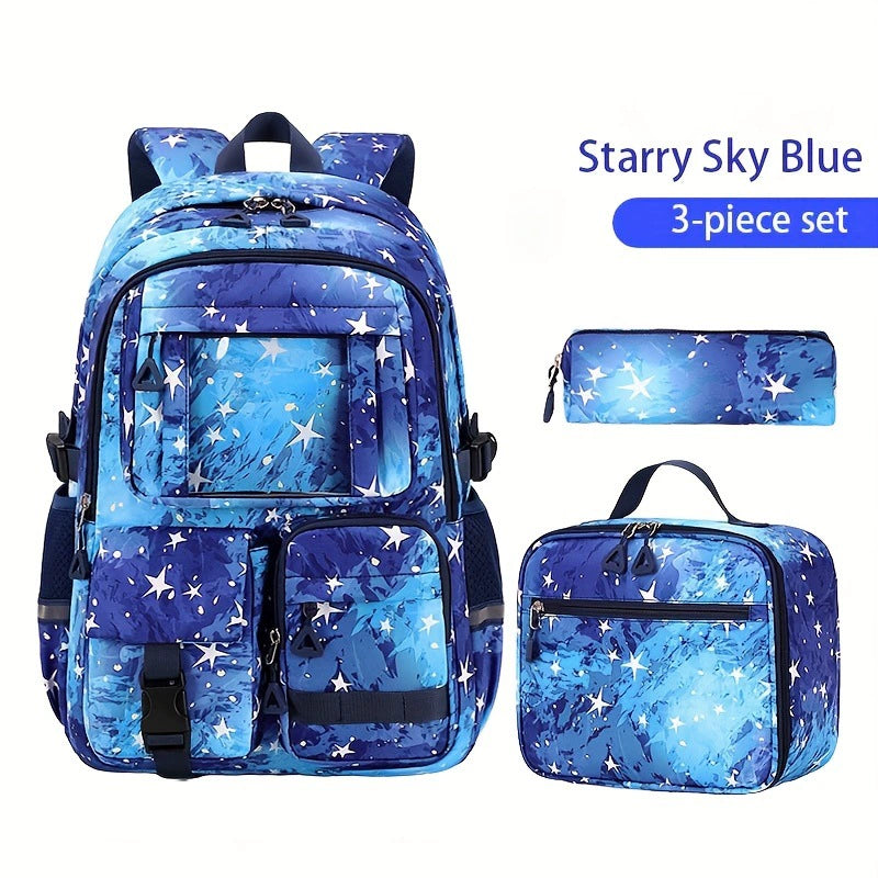School Backpack Set - Waterproof Strawberry Print 3-Piece Set with Lunch Bag & Pencil Case for Students