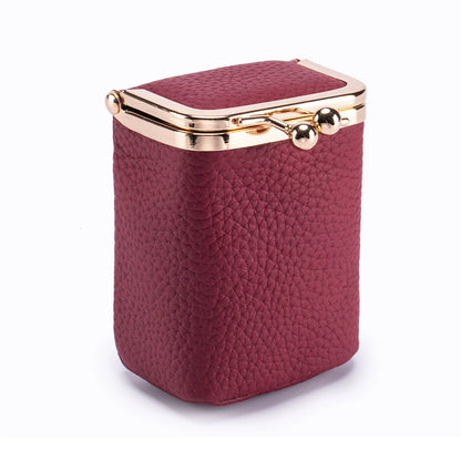 Premium Leather Lipstick Case - Lychee Pattern Cosmetic Storage Bag with Gold Frame Closure