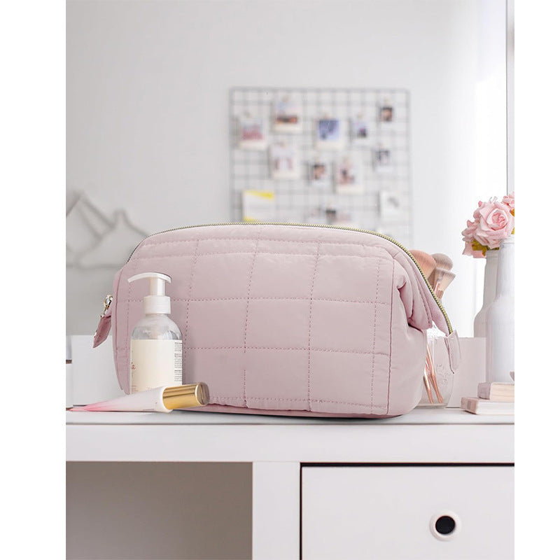 Quilted Makeup Bag - Puffy Padded Travel Cosmetic Organizer with Gold Zipper & Wide-Open Design