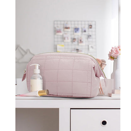 Quilted Makeup Bag - Puffy Padded Travel Cosmetic Organizer with Gold Zipper & Wide-Open Design