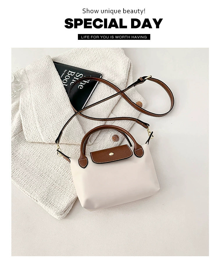 Nylon Crossbody Bag with Brown Leather Trim - Compact Foldable Handbag with Adjustable Strap