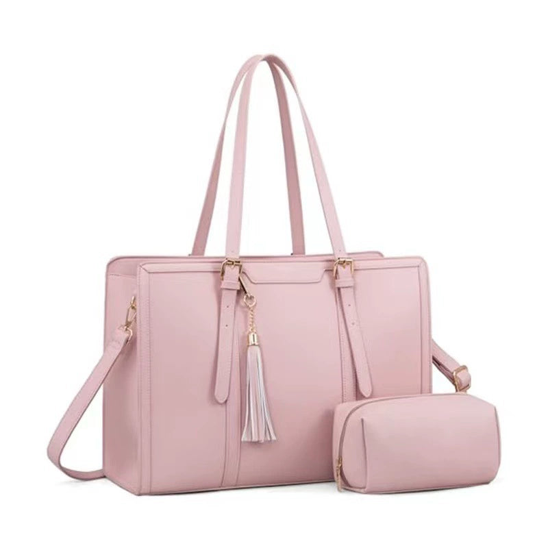Cream & Tan Leather Trim Laptop Tote — Women's Shoulder Bag with Clutch