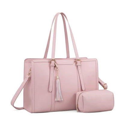 Cream & Tan Leather Trim Laptop Tote — Women's Shoulder Bag with Clutch