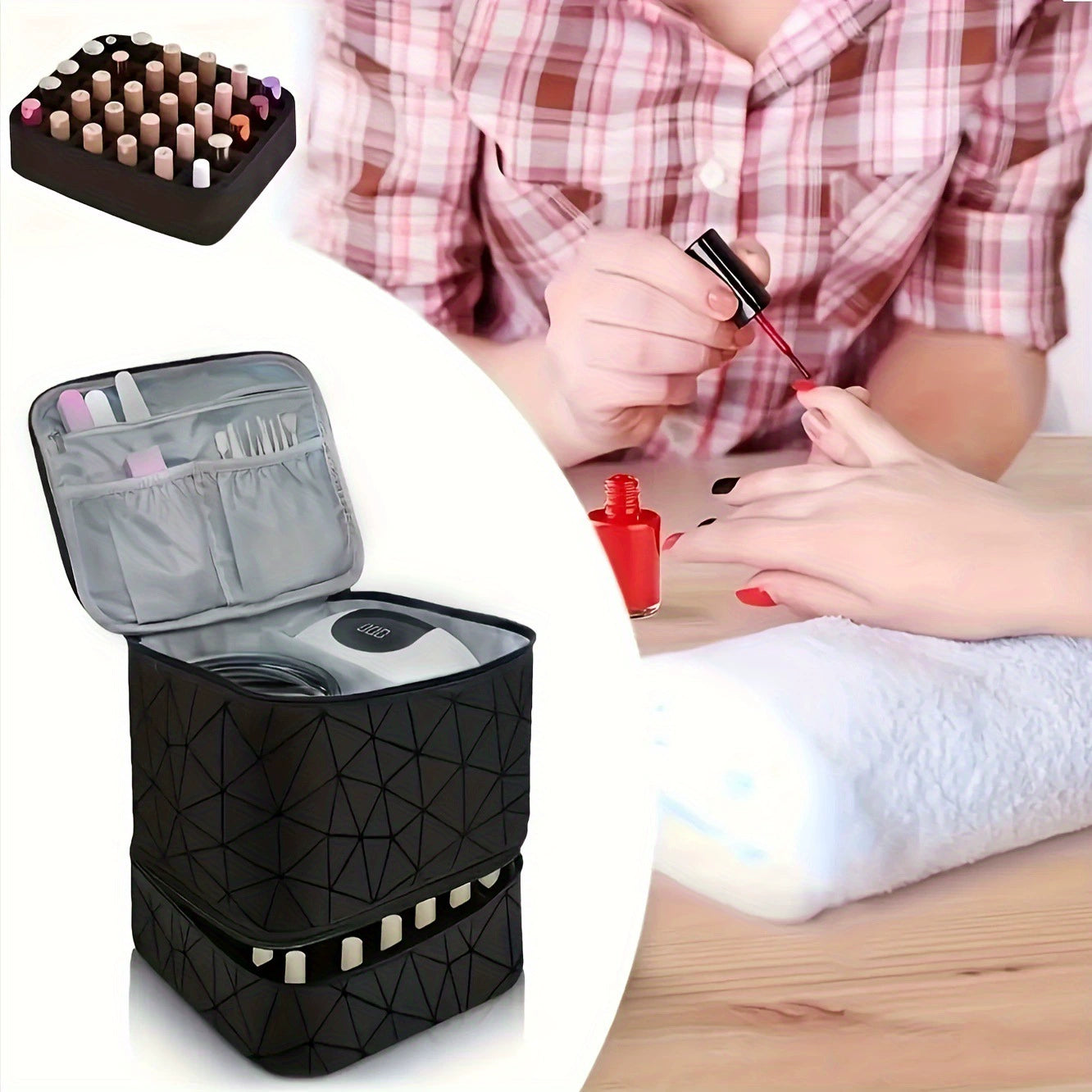 Double Layer Nail Polish Organizer Case - 30 Bottle Storage Box with Geometric Pattern & Nail Lamp Compartment