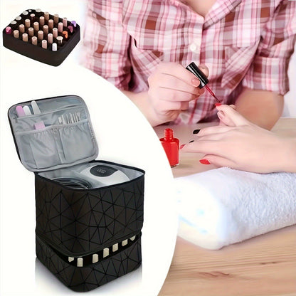 Double Layer Nail Polish Organizer Case - 30 Bottle Storage Box with Geometric Pattern & Nail Lamp Compartment
