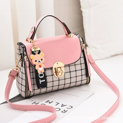 Plaid Small Crossbody Bag - Cute Bear Charm Fashion Handbag with Adjustable Strap for Daily Use