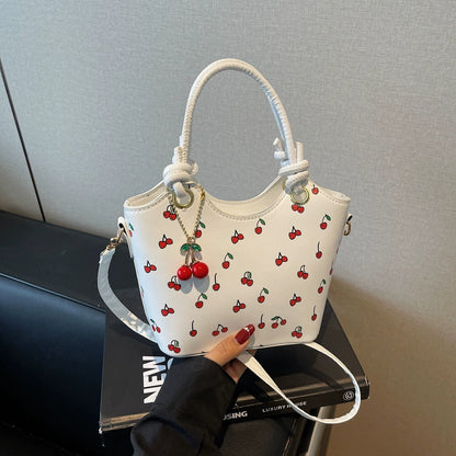 Cherry Pattern Bucket Bag - Women's Handbag with Detachable Cherry Charm & Convertible Shoulder Strap