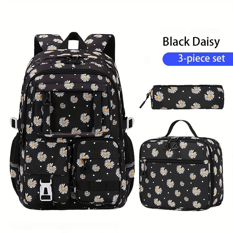 School Backpack Set - Waterproof Strawberry Print 3-Piece Set with Lunch Bag & Pencil Case for Students