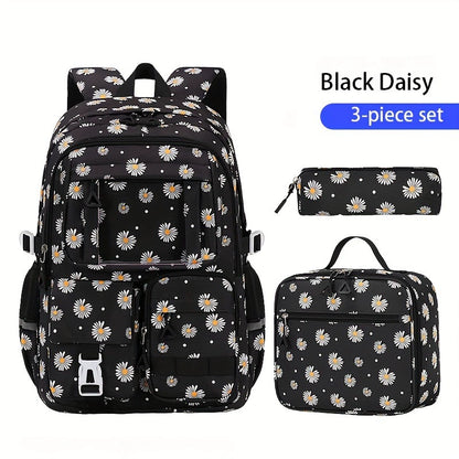 School Backpack Set - Waterproof Strawberry Print 3-Piece Set with Lunch Bag & Pencil Case for Students