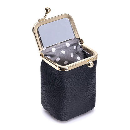 Premium Leather Lipstick Case - Lychee Pattern Cosmetic Storage Bag with Gold Frame Closure