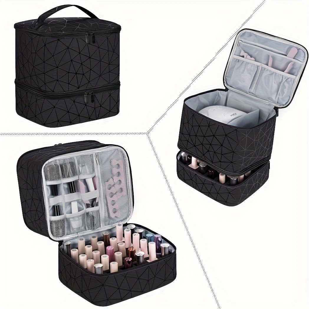 Double Layer Nail Polish Organizer Case - 30 Bottle Storage Box with Geometric Pattern & Nail Lamp Compartment