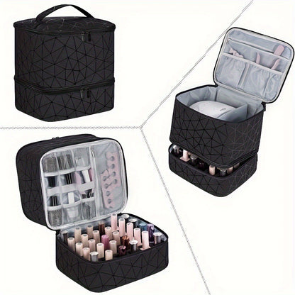 Double Layer Nail Polish Organizer Case - 30 Bottle Storage Box with Geometric Pattern & Nail Lamp Compartment