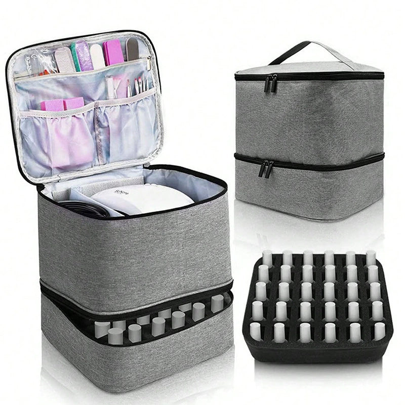 Double Layer Nail Polish Organizer Case - 30 Bottle Storage Box with Geometric Pattern & Nail Lamp Compartment