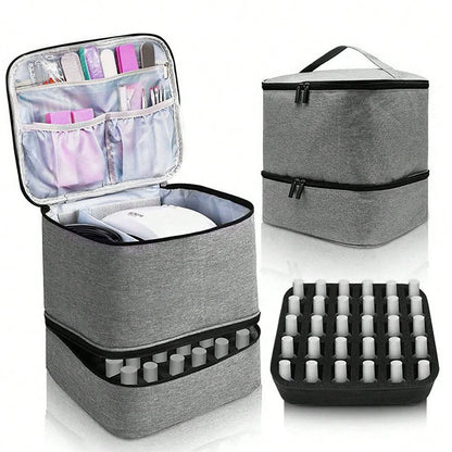 Double Layer Nail Polish Organizer Case - 30 Bottle Storage Box with Geometric Pattern & Nail Lamp Compartment