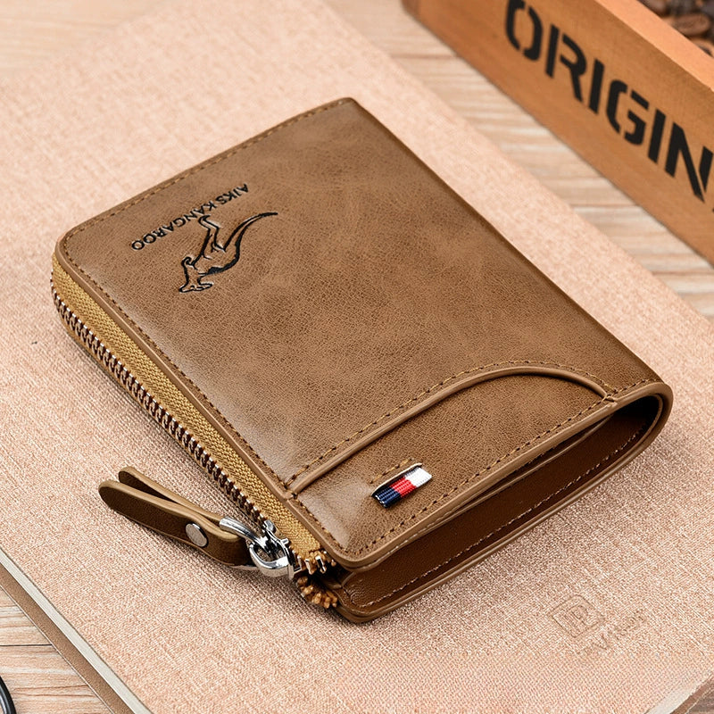 Men's RFID Blocking Wallet - Anti-Theft Leather Bifold with Zipper Closure & Multiple Card Slots