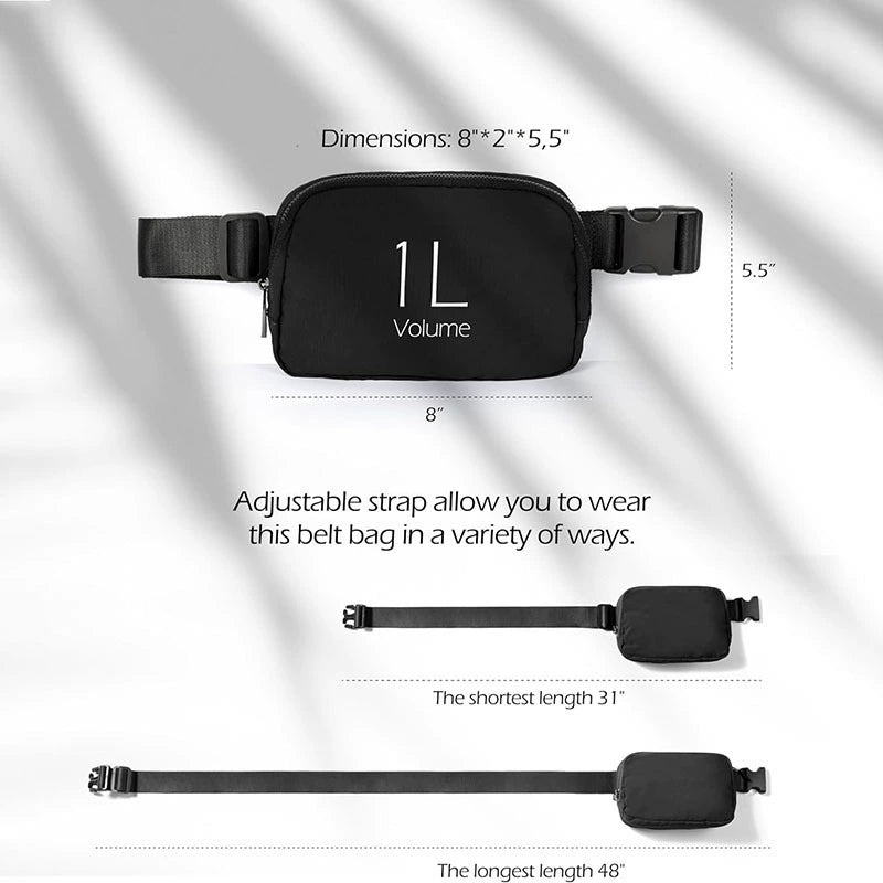 Black Lightweight Nylon Waist & Chest Bag - Splash - Proof Adjustable Running Fanny Pack