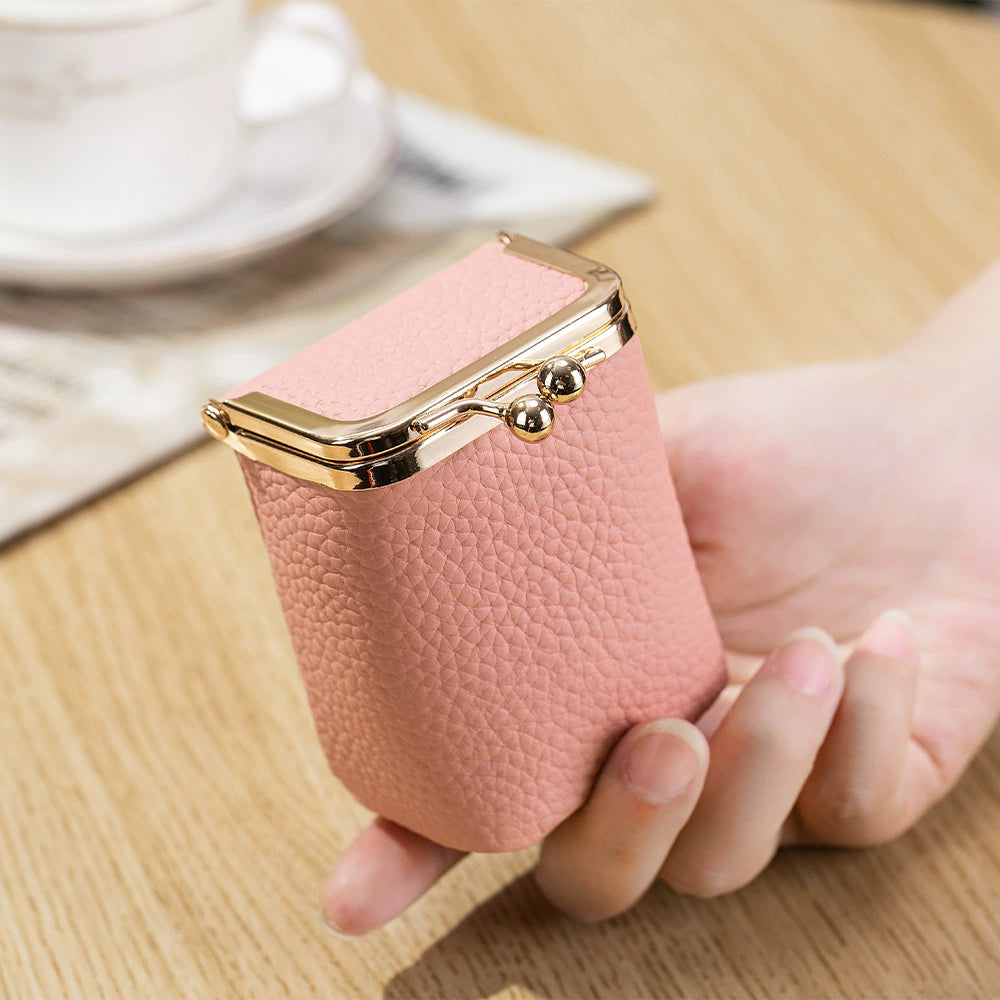 Premium Leather Lipstick Case - Lychee Pattern Cosmetic Storage Bag with Gold Frame Closure